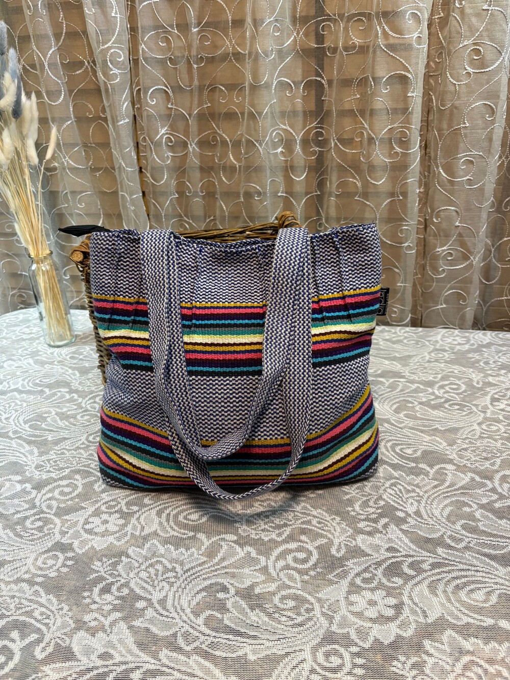 Vintage Handwoven Rupaidiha India Boho Tote Bag- Colorful Woven Dhurrie Cotton S